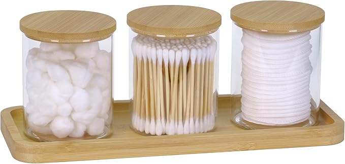 INIUNIK Qtip Holder with Vanity Tray, 3 Pack Glass Apothecary Jars with Lids, Bathroom Accessories Canisters Organizers Jars Containers for Cotton Ball Round Swab Pad Hair Ties Floss Perfume Jewelry