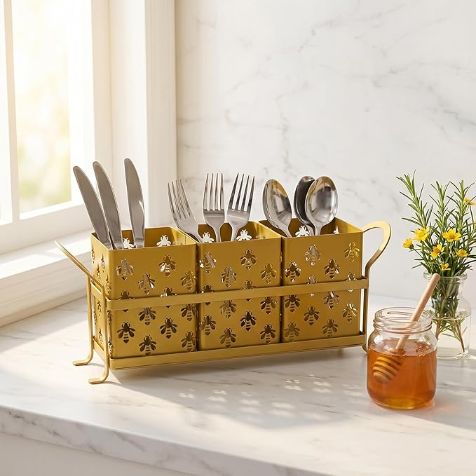 Silverware Caddy with Bee Design, 3 Compartment Metal Utensil Holder with Handles,Silverware Holder for Party Countertop, Kitchen, Outdoor, Cutlery Holder Organizer for Spoon Fork,Gold