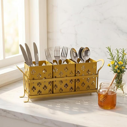 Silverware Caddy with Bee Design, 3 Compartment Metal Utensil Holder with Handles,Silverware Holder for Party Countertop, Kitchen, Outdoor, Cutlery Holder Organizer for Spoon Fork,Gold