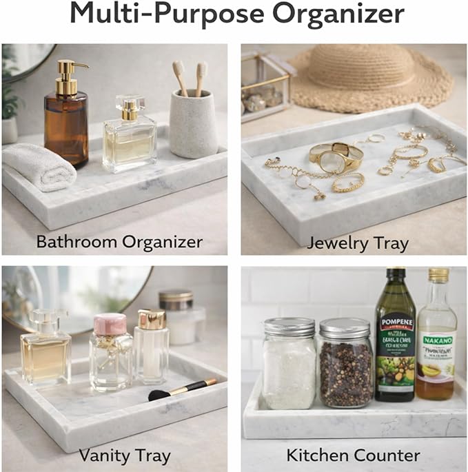 Natural White Marble Tray for Bathroom | Kitchen | Vanity | Desktop, Stone Organizer for Coffee Table, Dresser, Nightstand, Candles, Soap, Towel, Plant, Jewelry (10" x 6"), Rectangular