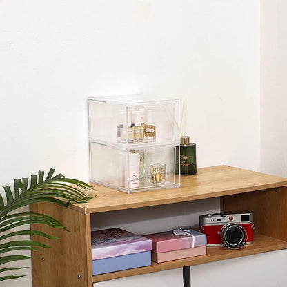 Yieach 2 Pack Stackable Makeup Organizer - 4.5'' Tall Acrylic Cosmetic Display Case - Clear Plastic Storage Bins For Vanity, Under Cabinets, Pantry Organization