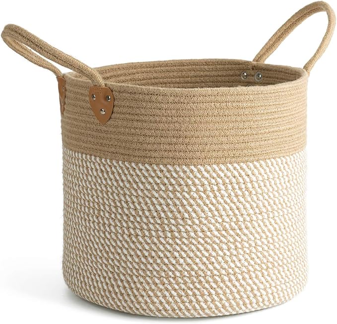 CHICVITA Large Wicker Jute Woven Storage Basket with Handles – Blanket Laundry Basket for Toys Towels Home Decor, White, 14" x 14" x 12"