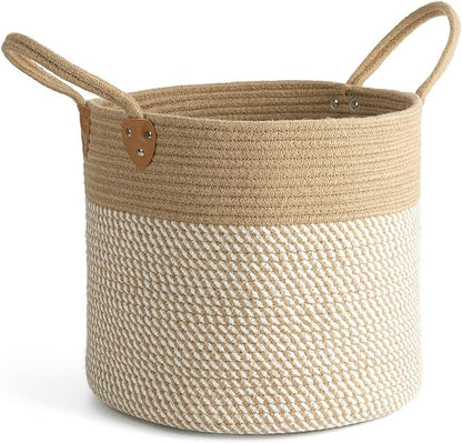 CHICVITA Large Wicker Jute Woven Storage Basket with Handles – Blanket Laundry Basket for Toys Towels Home Decor, White, 14" x 14" x 12"