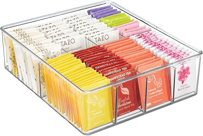 mDesign Plastic Extra Wide Storage Organizer Bin Box for Kitchen, Pantry, Cabinet, Countertop - Tea Bag, Sugar Packet, Coffee Snack, Condiment Holder, 8 Sections - Ligne Collection - Clear