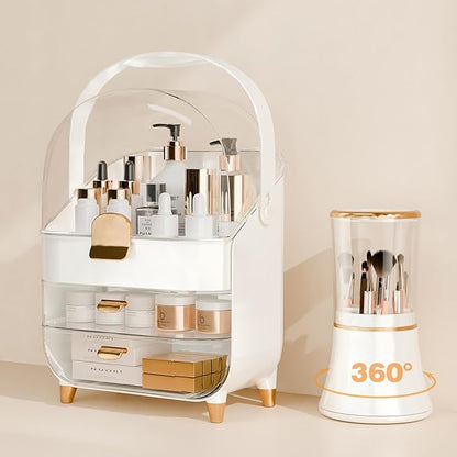 Makeup Organizer Countertop With Lid And Drawers Large Skin Care Cosmetic Display Case Holder for Vanity Desk Bathroom Storage Box Gift for Women Teens Girls,White With Brush Holder