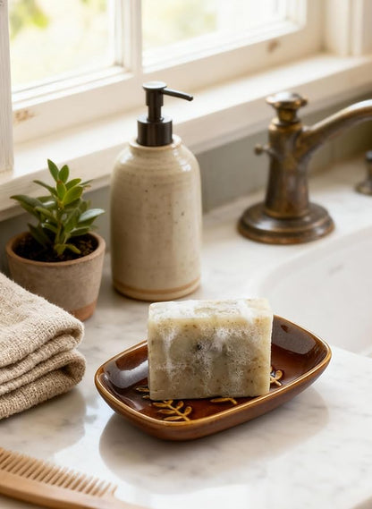Miamolo Soap Dish for Shower, Ceramic Soap Holder Soap Dishes for Large Bar Soap Sponge, Decorative Soap Saver Tray for Bathroom Kitchen Sink Bathtub, Pro-Environment, Extend Soap Life, Dark Brown