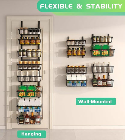 Mefirt 12 Inch Wide Narrow Over The Door Pantry Organizer, Pantry Organization and Storage, Black 8-Tier Metal Hanging Deep Basket Wall Spice Rack Seasoning Shelves, Home & Kitchen Essentials