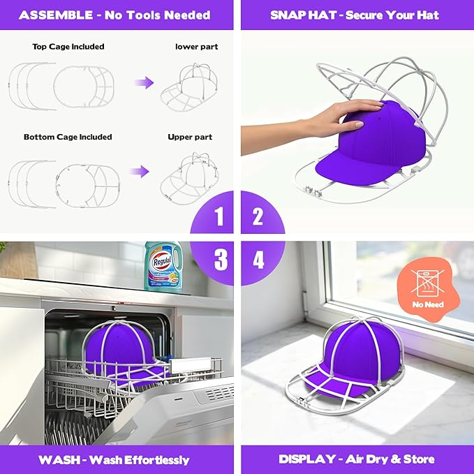 Hat Washer Cage for Washing Machine & Dishwasher Baseball Cap Cleaner Rack, Structured Cap Shaper Protector, 2-Pack (Assembly Required)
