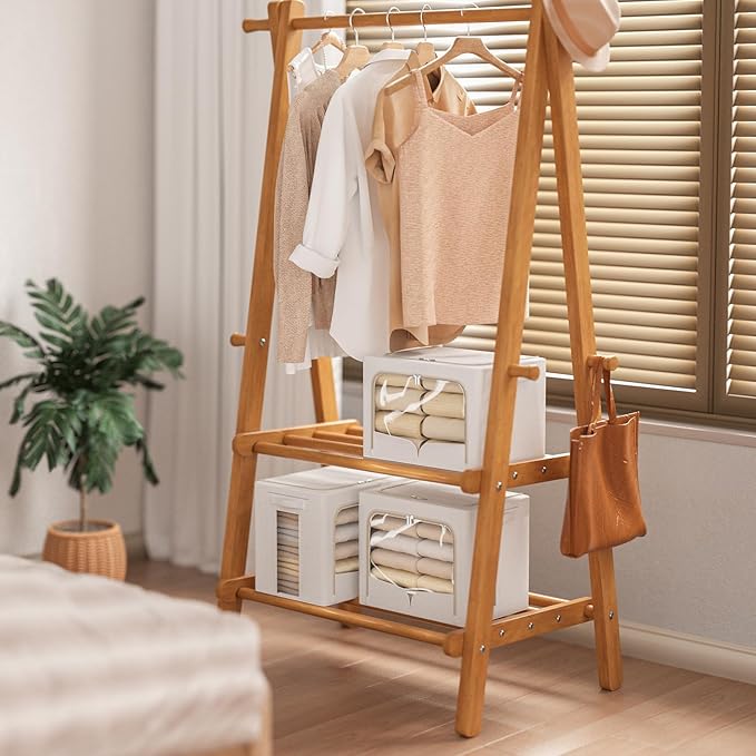 FHSQX 3 Pack Clothes Storage Bins - Foldable Metal Frame Storage Box - Stackable Linen Fabric Container Organizer Set with Carrying Handles and Clear Window (Cream White, 19.7x15.7x13inch(66L))