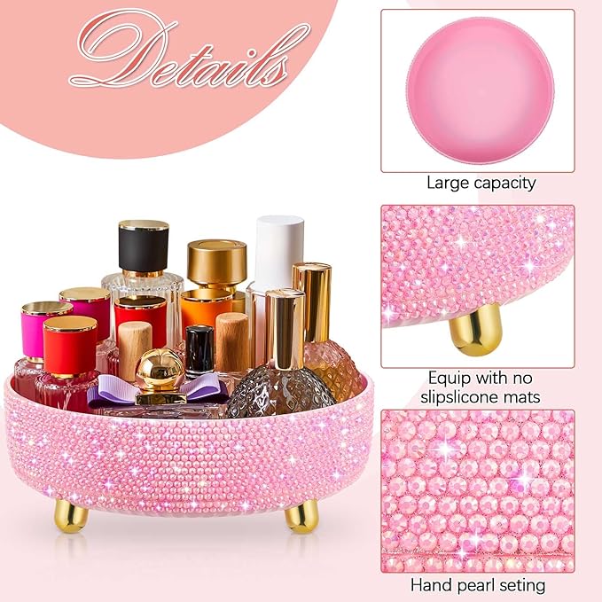 Honeydak Pink Bling Perfume Makeup Organizer Bling Mother's Day Nurses Day Gifts for Women Bathroom Organizers and Storage 360 Rotating Makeup Organizer for Countertop(Resin Stone)