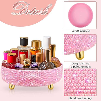Honeydak Pink Bling Perfume Makeup Organizer Bling Mother's Day Nurses Day Gifts for Women Bathroom Organizers and Storage 360 Rotating Makeup Organizer for Countertop(Resin Stone)
