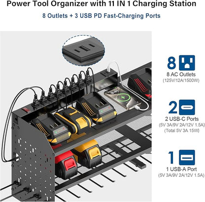 JUNNUJ Large Power Tool Organizer Wall Mount with Charging Station. Garage 8 Drill Holder Tools Battery Storage Shelf, Heavy Duty Utility Storage Rack Built in 8 Outlet 3 USB 6 FT Power Strip