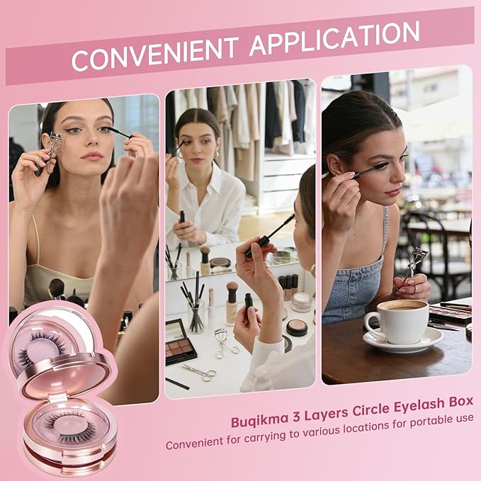 Buqikma 3 Layers Circle False Eyelash Storage Box with Mirror, Empty Eyelash Case Organizer Travel Lash Holder for Cosmetic, Rose Gold