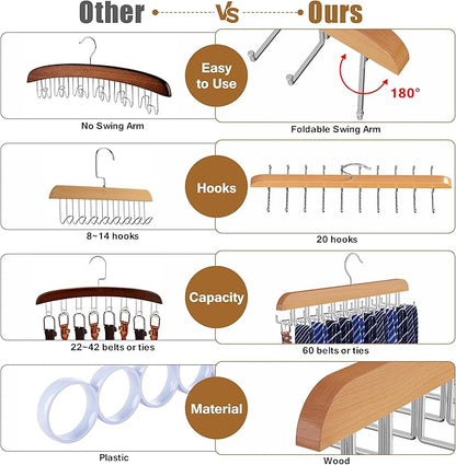 Tie Rack Hanger for Closet, 2 in 1 Belt Tie Hangers with 20 Folding Hooks, 360 Degree Rotating Wooden Tie Holder Organizer for Men Ties Belts Scarves Tank Tops Accessories, Wood (2 Pack)