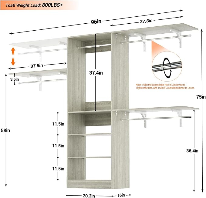 iSunirm 8FT Closet System with Shelves, 96'' Closet Organizer System with 3 Hanging Rods, Wall Mount Bedroom Wardrobe Walk-in Closet, Adjustable Cloth Garment Rack from 5 to 8FT(Cut to Fit), White Oak