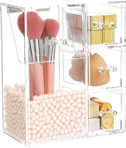 ShellKingdom Makeup Brush Holder,Clear Cosmetic Brushes Organizer With Drawer for Storage Brushes with Lid and Pearl for Dressing Tables and Vanity