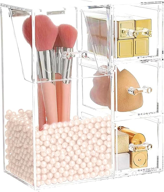 ShellKingdom Makeup Brush Holder,Clear Cosmetic Brushes Organizer With Drawer for Storage Brushes with Lid and Pearl for Dressing Tables and Vanity