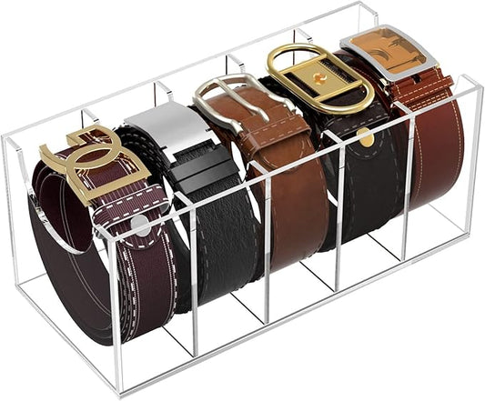 NIUBEE Belt Organizer, Acrylic Belt Storage Holder for The Closet, 5 Compartments Display Case for Tie and Bow Tie