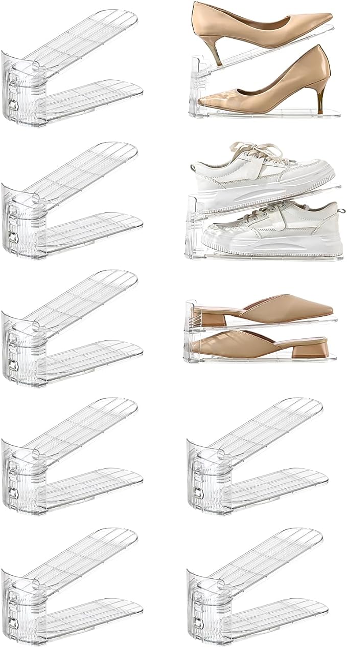 shoe slots organizer, Clear Shoe Stacker, Adjustable Level Shoe Rack,Storage Space Saver for Sneakers Display (Transparent, 10Pack)