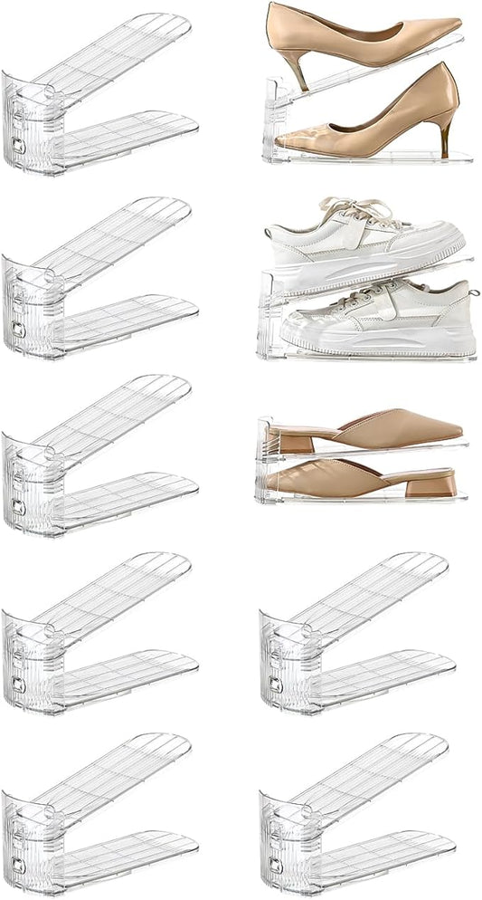 shoe slots organizer, Clear Shoe Stacker, Adjustable Level Shoe Rack,Storage Space Saver for Sneakers Display (Transparent, 10Pack)