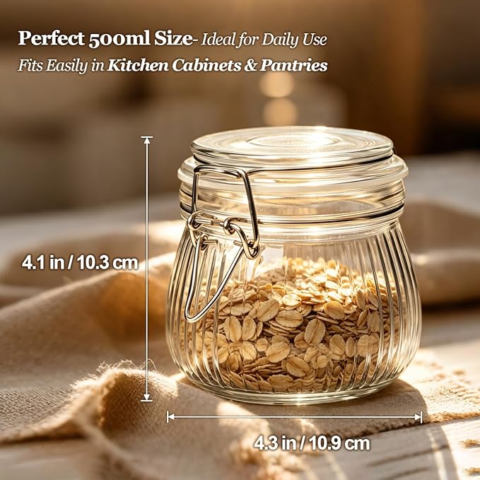 ComSaf 6-Pack 17oz Ribbed Glass Storage Jars with Airtight Clamp Lids, Decorative Wide Mouth Pint Canisters for Jam, Spices, Nuts, Coffee Beans, Snacks, Honey - Kitchen Pantry and Drawer Organization