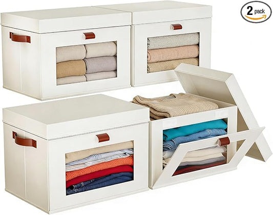 4-Pack Large Storage Bins with Lids,Stackable&Collapsible Closet Storage Bins,Oxford Fabric Organizer Box with Clear Window,Large Decorative Storage Boxes for Closet,Dorm16.5"x11.8"x11"