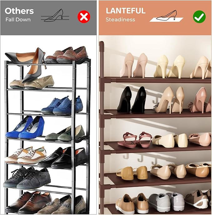 LANTEFUL Tall Shoe Rack 10 Tier Shoe Organizer Large Shoe Shelf with 18 Hooks Storage for 50 Pair Sneaker and Boot, Stackable Vertical Shoe Rack Organizer for Closet, Entryway, Bedroom, Brown