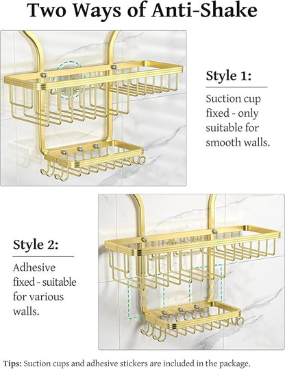 YASONIC Never-Rust Aluminum Hanging Shower Caddy – Over-the-Showerhead Organizer with 10 Hooks for Razor and Sponge – Includes Soap Basket – Gold