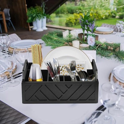 Ukonvi Paper Plate Dispenser and Holder for Kitchen Counter, Wood Rustic Silverware Utensil Caddy, Cutlery Flatware Organizer Box for Cups Spoons Forks Napkins, Kitchen Accessories