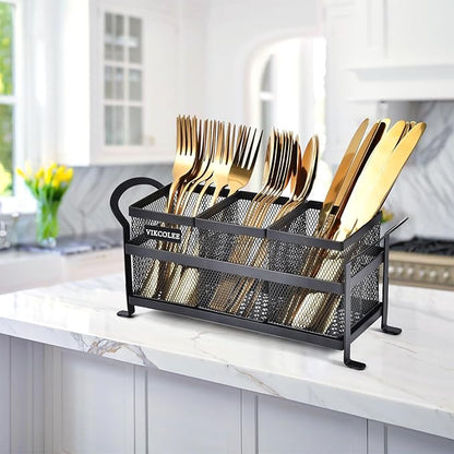 Kitchen Utensil Holder, Silverware Organizer Holder, Compact Metal Organizer for Flatware, Spoons, Forks, and Knives - 3 Separate Compartments Perfect for Kitchen Countertop- Black