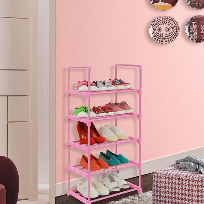 LNYZQUS 5-Tier Small Kids Shoe Rack Organizer, Pink Toddler Shoe Shelf Shoe Stand for Closet Narrow Space,Mini Shoe Storage Rack Short Shoe Tower for Women & Girls(Full Pink)