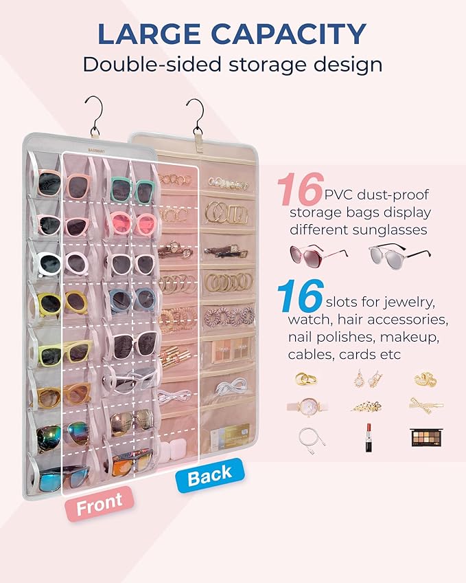 BAGSMART Hanging Jewelry Organizer, Dust Proof Sunglasses Storage Case Wall Mounted, Travel Dual Sided Glasses Case Multiple Pairs, Eyeglasses Holder with 32 Clear Slots & Metal Hook, Grey