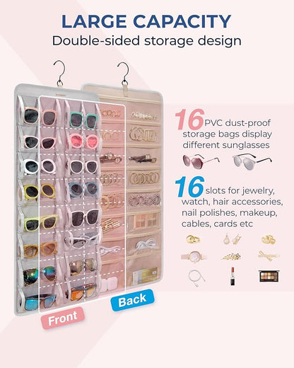 BAGSMART Hanging Jewelry Organizer, Dust Proof Sunglasses Storage Case Wall Mounted, Travel Dual Sided Glasses Case Multiple Pairs, Eyeglasses Holder with 32 Clear Slots & Metal Hook, Grey