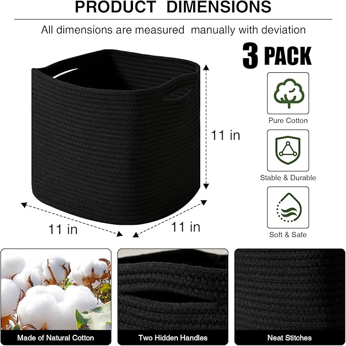 11 Inch Cube Storage Bins, 11x11 Cube Storage Bins for Cube Organizer, Square Cloth Storage Cubes, Black Woven Storage Baskets for Shelves, Toy Baskets Storage Kids, Black (Pack of 3)