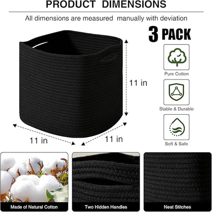 11 Inch Cube Storage Bins, 11x11 Cube Storage Bins for Cube Organizer, Square Cloth Storage Cubes, Black Woven Storage Baskets for Shelves, Toy Baskets Storage Kids, Black (Pack of 3)