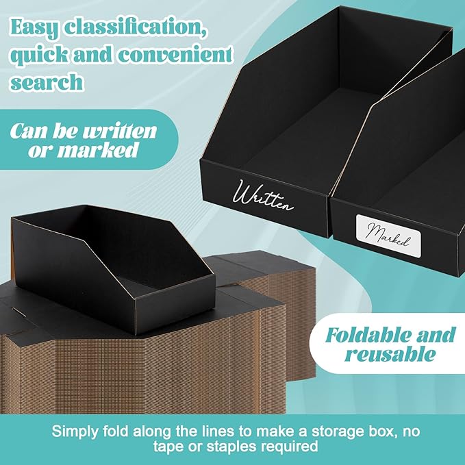 Fuyoooo 30 Pack 12 x 6 x 4. 5 Inches Cardboard Storage Bins Open Top Bin Boxes Corrugated Shelf Organizer Bins for Pantry, Parts, Garage, Snacks, Bottles, Cans or Warehouse Home Cubby, Black