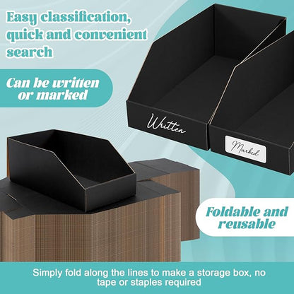 Fuyoooo 30 Pack 12 x 6 x 4. 5 Inches Cardboard Storage Bins Open Top Bin Boxes Corrugated Shelf Organizer Bins for Pantry, Parts, Garage, Snacks, Bottles, Cans or Warehouse Home Cubby, Black