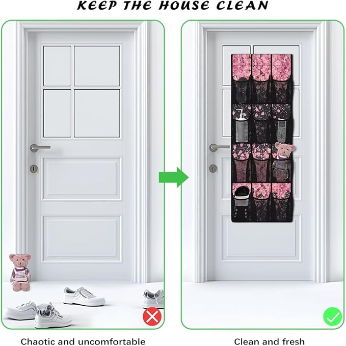 Cherry Blossom Behind Door Organizer 12 Pockets Over The Door Closet Organizer for BedRoom Space Saving Multi-Funtion Storage Bag for School Easy to Install Shoe Holder Hanger