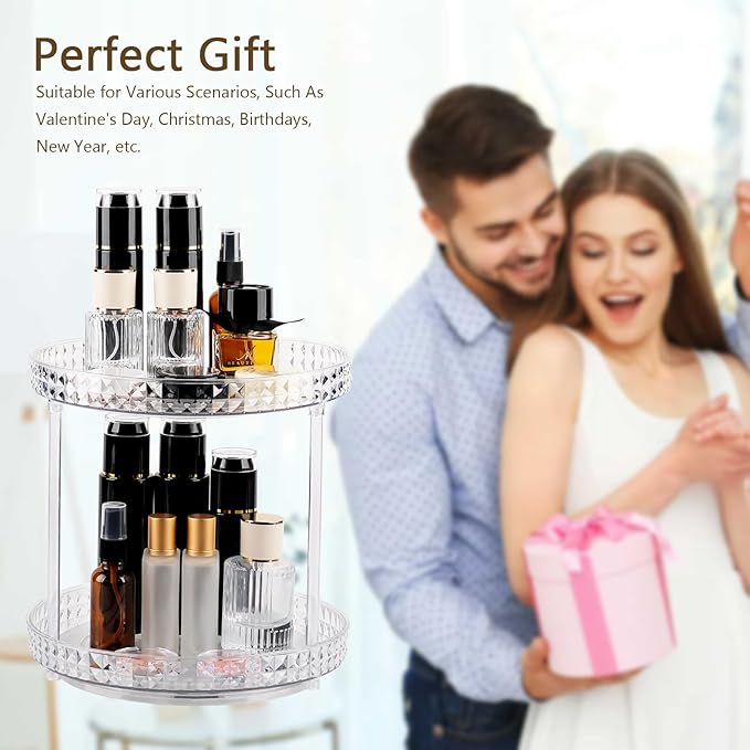360 Clear Rotating Makeup Organize for Vanity,2 Tiers Lazy Susan with Diamond Pattern, Large-Capacity Skincare Organizers Cosmetic Display Case Organizer for Dresser (Clear White, 2Tiers)