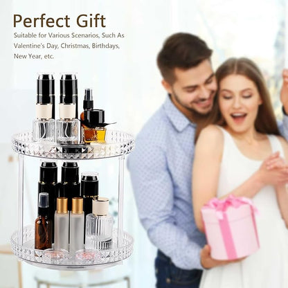 360 Clear Rotating Makeup Organize for Vanity,2 Tiers Lazy Susan with Diamond Pattern, Large-Capacity Skincare Organizers Cosmetic Display Case Organizer for Dresser (Clear White, 2Tiers)