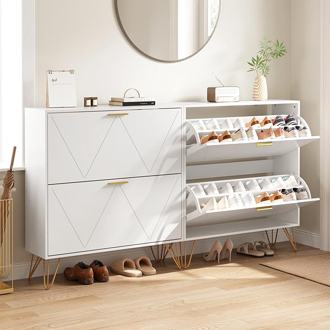 Shoe Cabinet with 2 Flip Drawers, Shoe Storage Cabinet Entryway Slim, White and Gold Narrow Shoe Cabinet w/Metal Legs, Hidden Freestanding Shoe Rack Organizer for Entryway, White