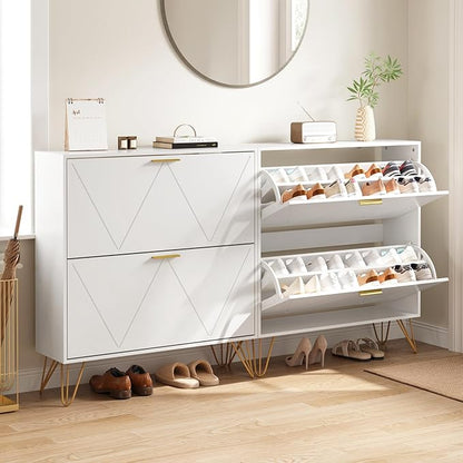 Shoe Cabinet with 2 Flip Drawers, Shoe Storage Cabinet Entryway Slim, White and Gold Narrow Shoe Cabinet w/Metal Legs, Hidden Freestanding Shoe Rack Organizer for Entryway, White