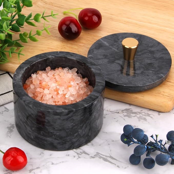 Marble Salt Cellar with Lid, 4 inch Natural Stone Salt Pepper Box, Alloy Lid for Kitchen Countertop Storage (Dark Grey, 4 * 3.5)