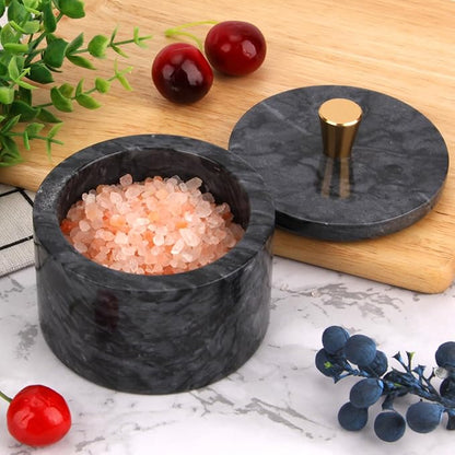 Marble Salt Cellar with Lid, 4 inch Natural Stone Salt Pepper Box, Alloy Lid for Kitchen Countertop Storage (Dark Grey, 4 * 3.5)