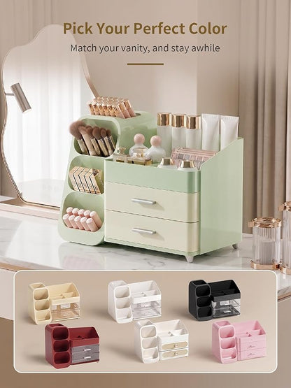 Booklov Makeup Organizer for Vanity, Large Capacity Cosmetic Display Case with Drawers, Countertop Beauty Storage Holder for Skincare, Brush Eyeliner Eyeshadow Lipsticks, Counter Desk, Cream Green