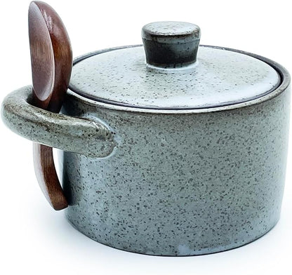 Ceramic Salt Cellar With Lid & Spoon,8oz Salt Container For Countertop,Sugar Bowl,Spice Jar(Gray)