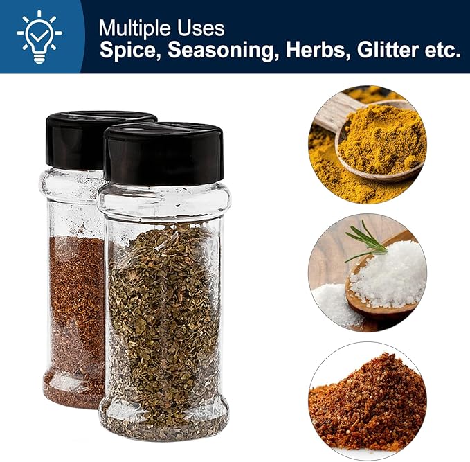 TUZAZO 14 Pcs Spice Bottles Plastic Seasoning Containers, 3 Oz Clear Plastic Spice Jars with Shaker Lids Empty for Spice & Herbs, Powders, Glitters, BPA Free | Heavy Duty | Wide Mouth | Dual Flaps