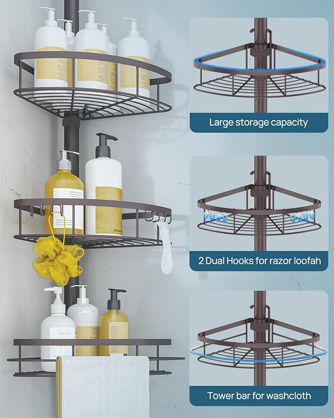 SEIRIONE Rustproof Shower Corner Caddy Organizer for Bathroom, Tension Pole with 4 Baskets, for Bathtub Storage Rack, 34 to 116 Inch Height, Bronze