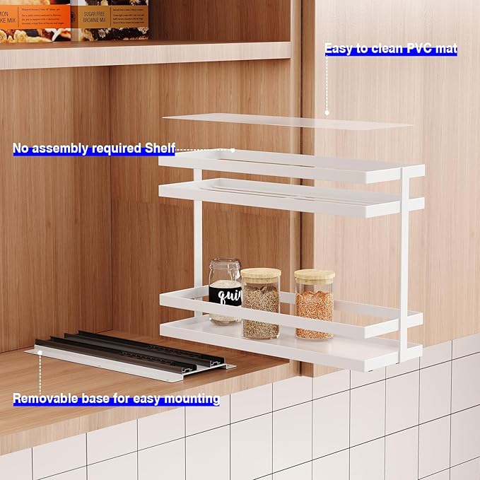 Mustorn 2 Pack Pull Out Spice Rack Organizer for Cabinet, 2 Tier Metal Slide Out Seasoning Organizer and Storage Heavy Duty Vertical Spice Rack Shelf Pullout for Kitchen Cabinets No Drilling (White)