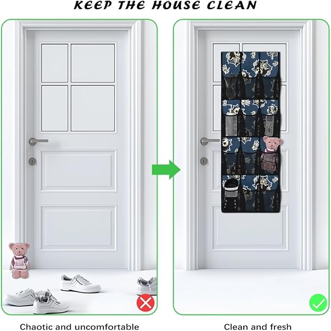 3D Skull Behind The Door Organizer, 12 Large Pockets Hanging Storage Bag for Shoes & Accessories, No Drill Easy Install for Teen Room & Gaming Room Decor